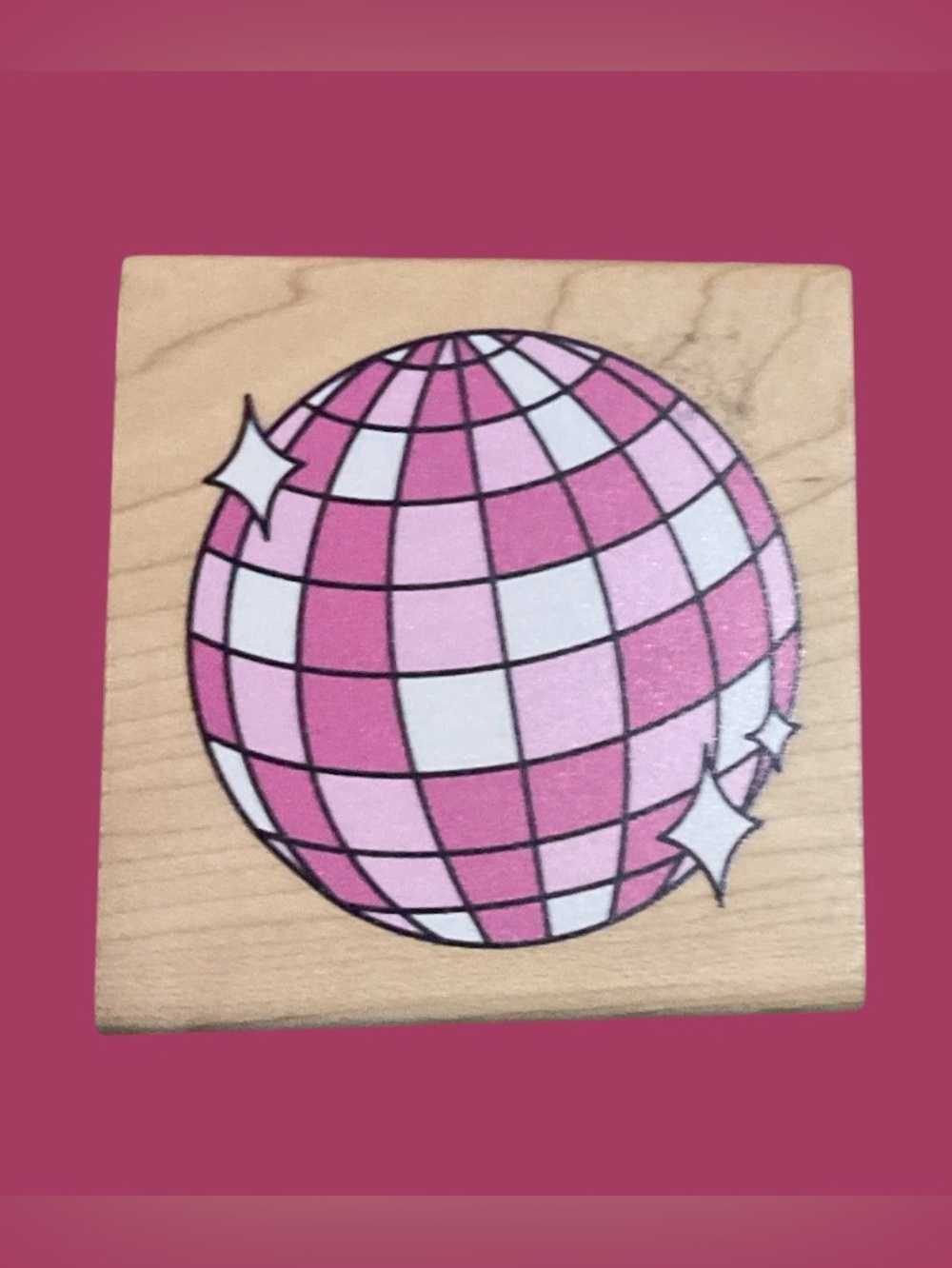Pink & White  Disco Ball Wooden Stamp NWOT